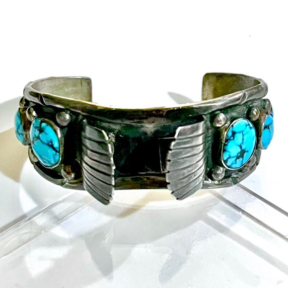 Signed Navajo. Old Pawn Vntg “Lone Mountain” Turquoise Sterling Slvr Watch Cuff